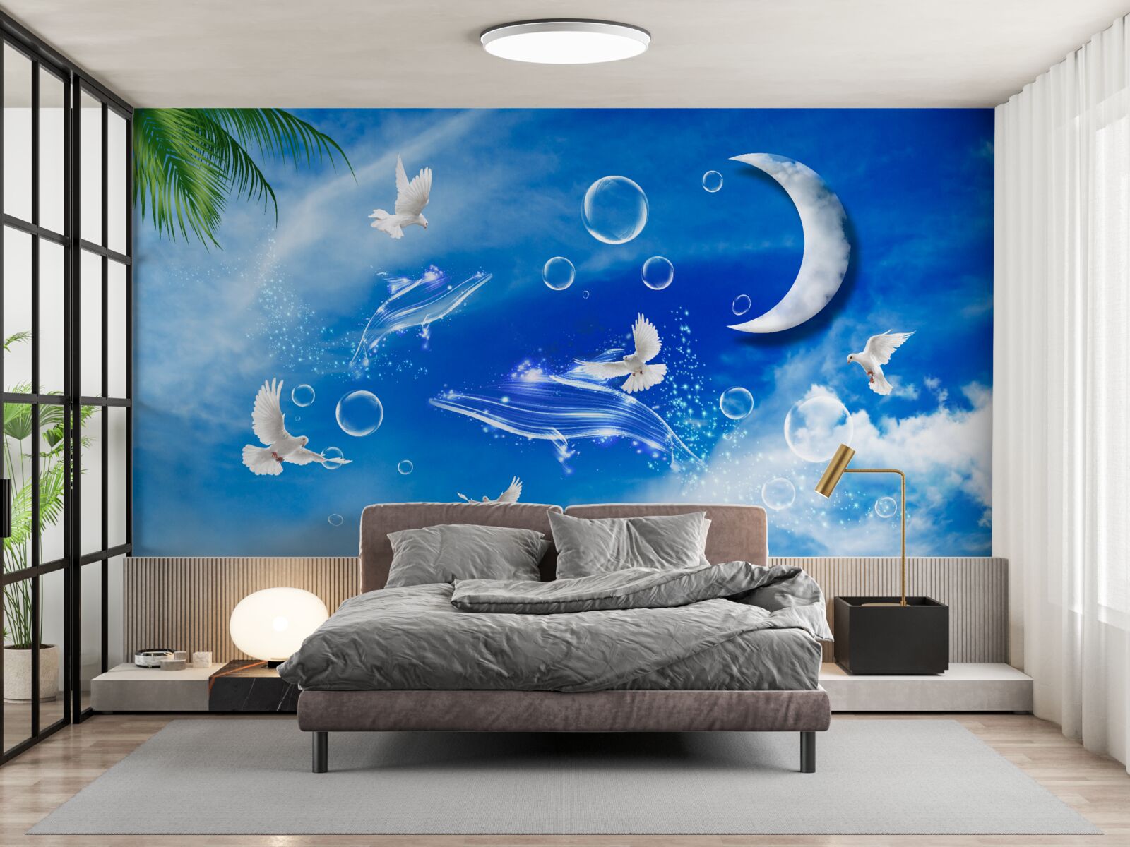 Фотошпалери місяць у денному небі та голуби