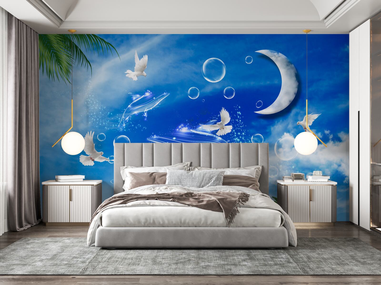 Фотошпалери місяць у денному небі та голуби
