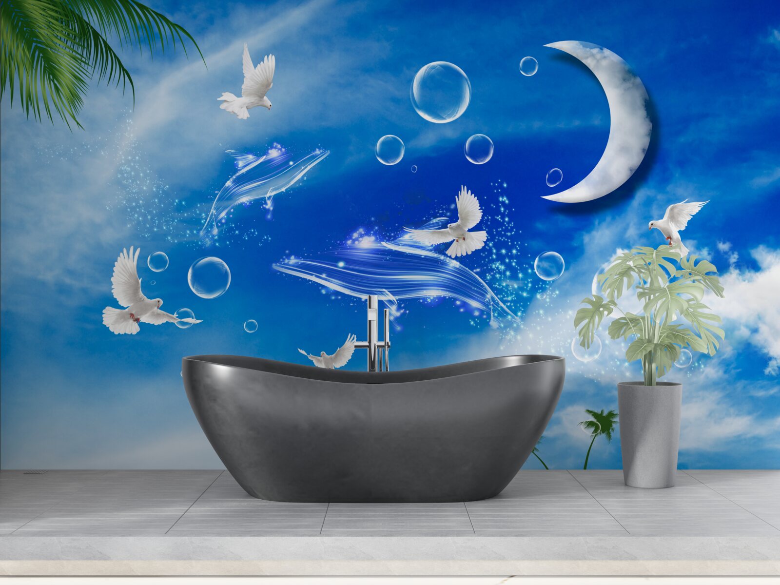 Фотошпалери місяць у денному небі та голуби