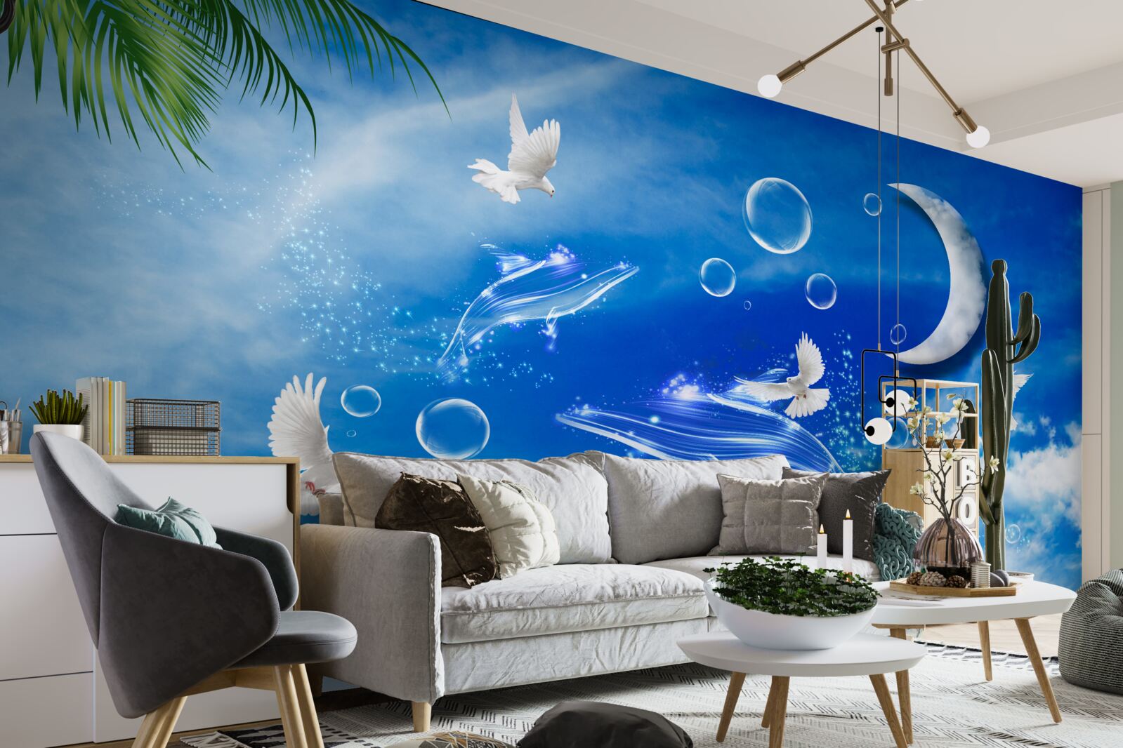 Фотошпалери місяць у денному небі та голуби