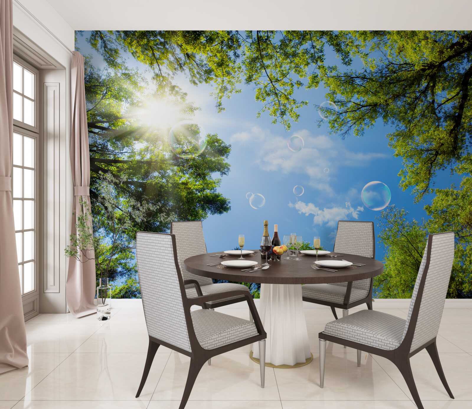 Фотошпалери зелений ліс осяяний яскравими променями сонця