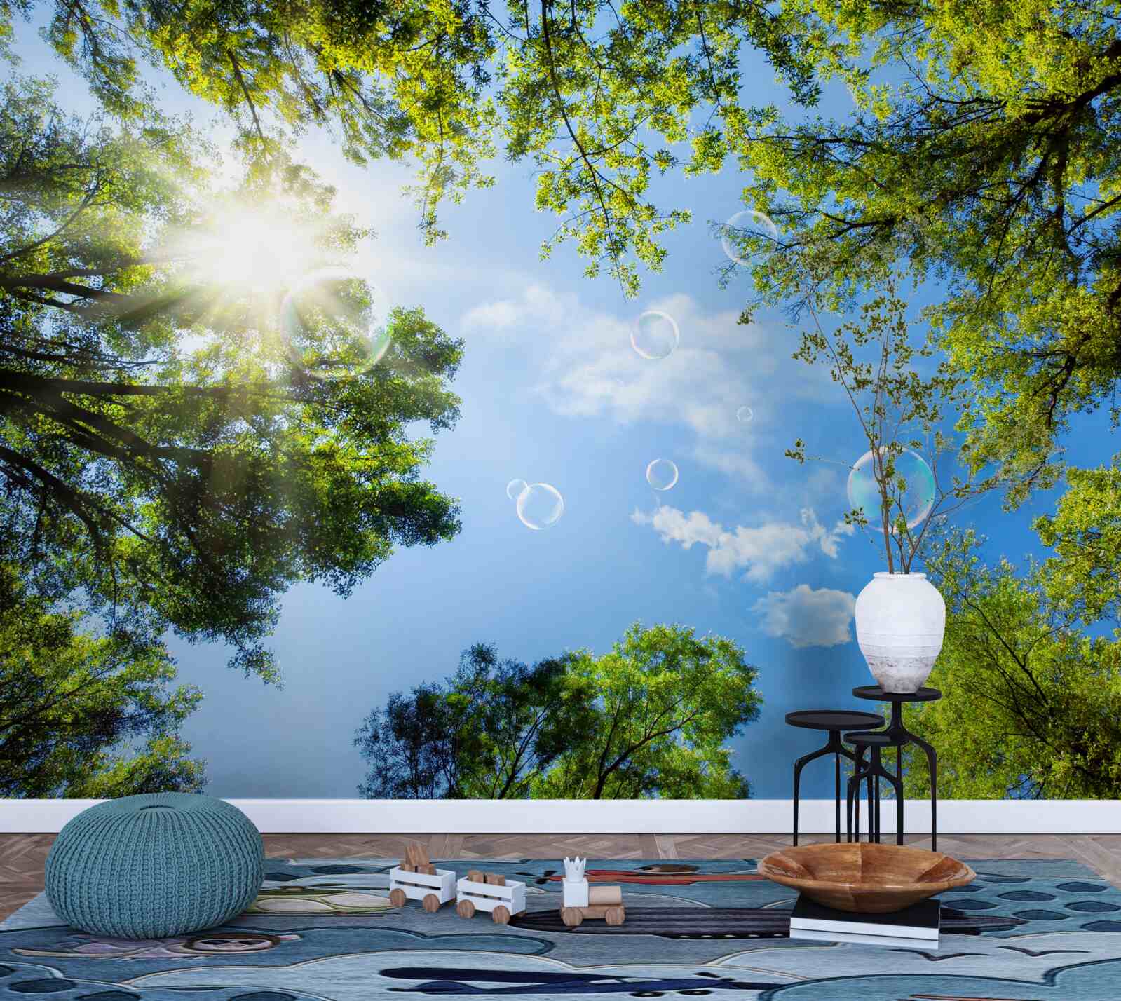 Фотошпалери зелений ліс осяяний яскравими променями сонця