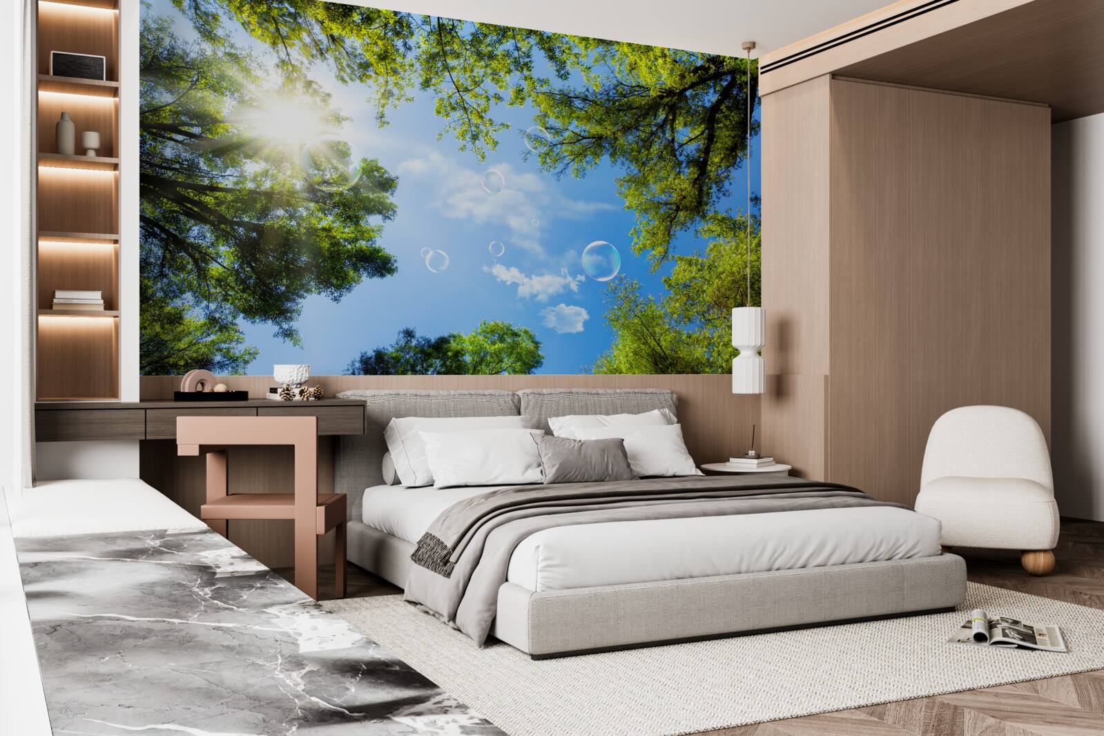 Фотошпалери зелений ліс осяяний яскравими променями сонця