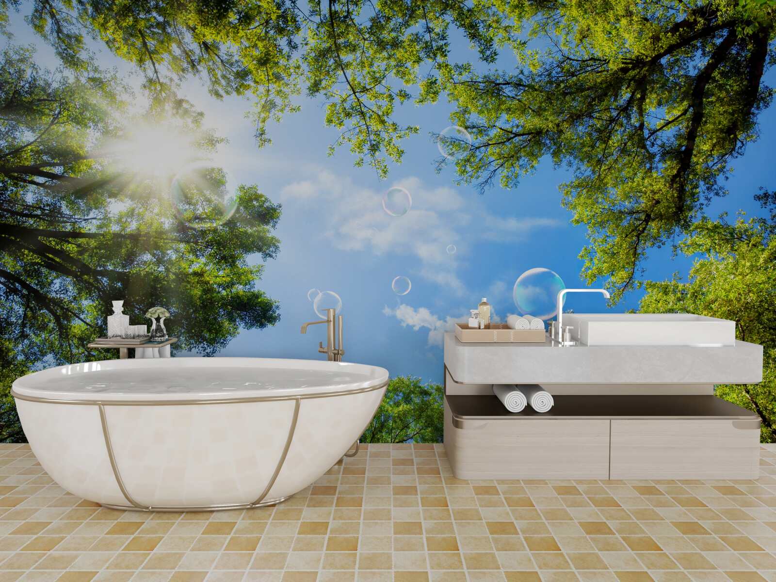 Фотошпалери зелений ліс осяяний яскравими променями сонця