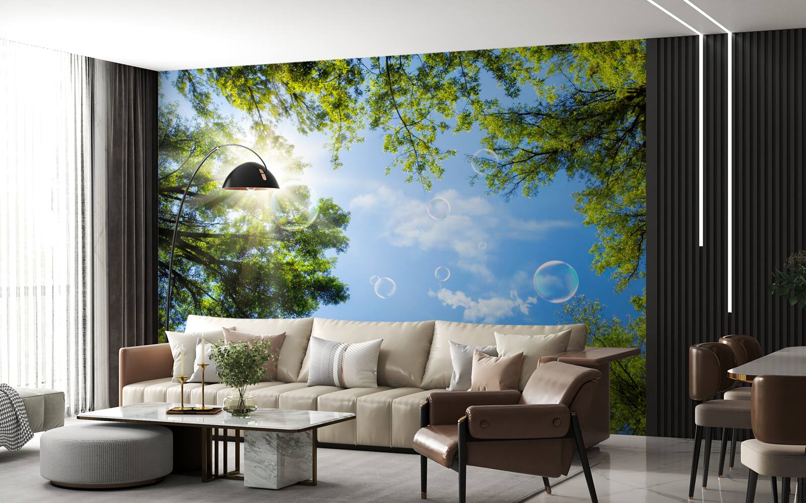 Фотошпалери зелений ліс осяяний яскравими променями сонця