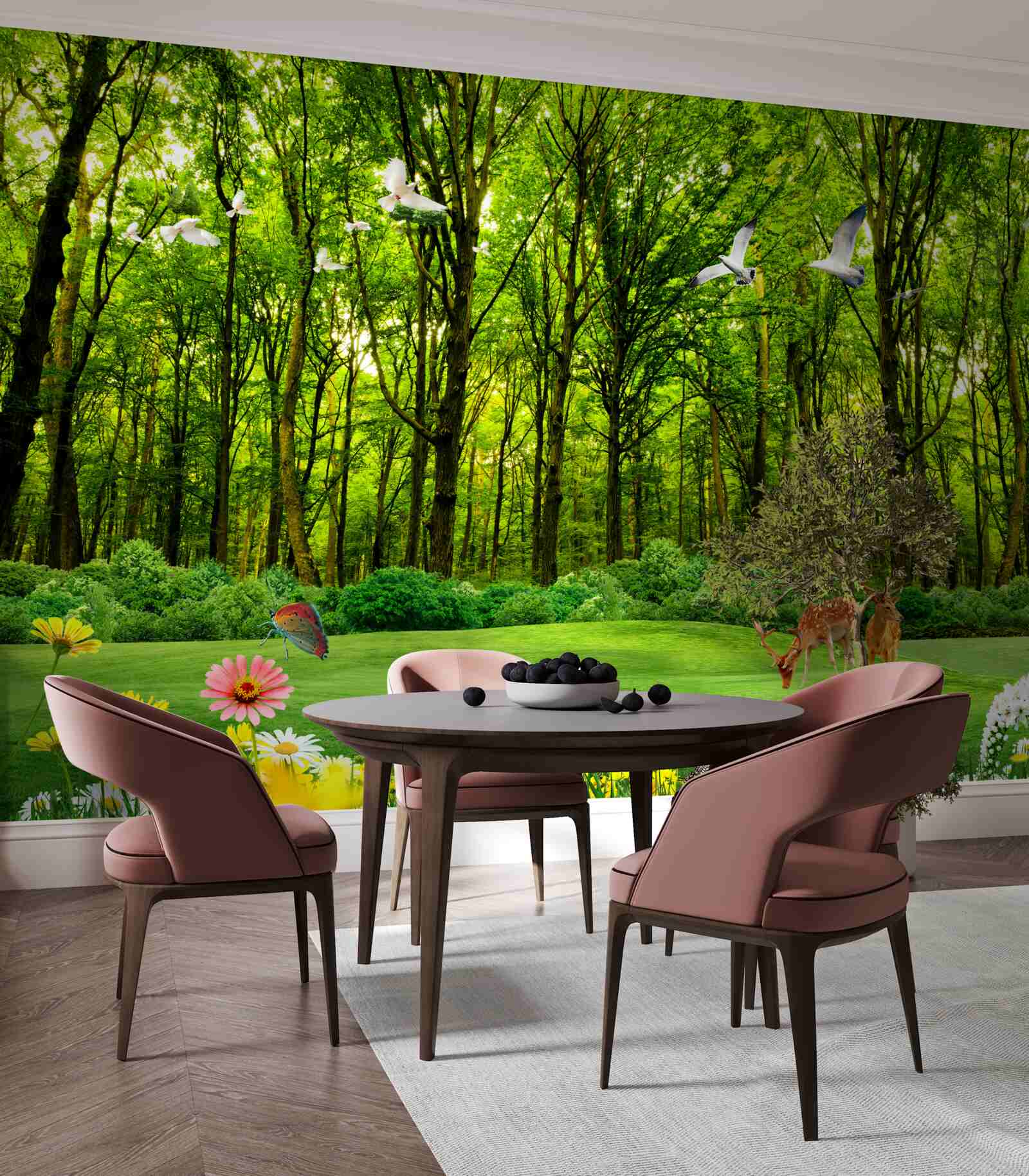 Фотошпалери у зеленому лісі олені вийшли на пасовисько