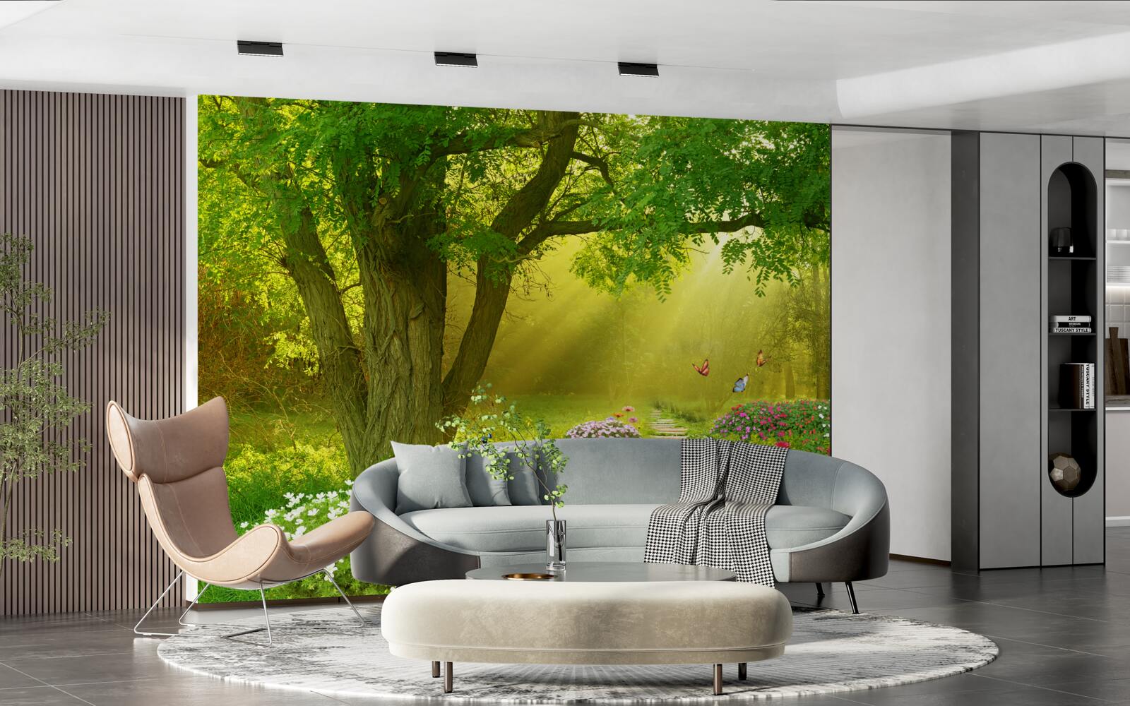 Фотошпалери сонячні промені зігрівають ліс, оповитий нічним туманом