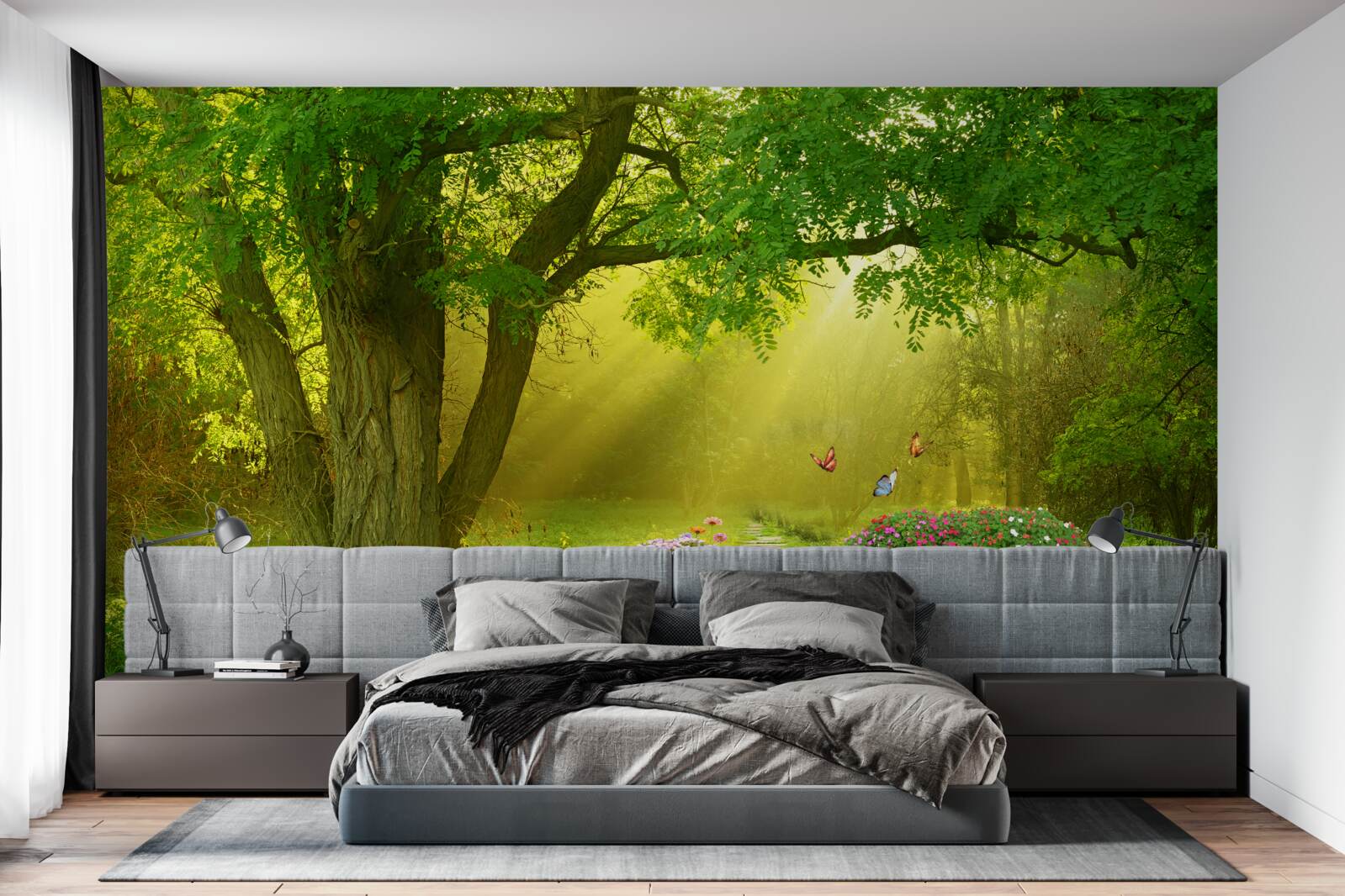 Фотошпалери сонячні промені зігрівають ліс, оповитий нічним туманом