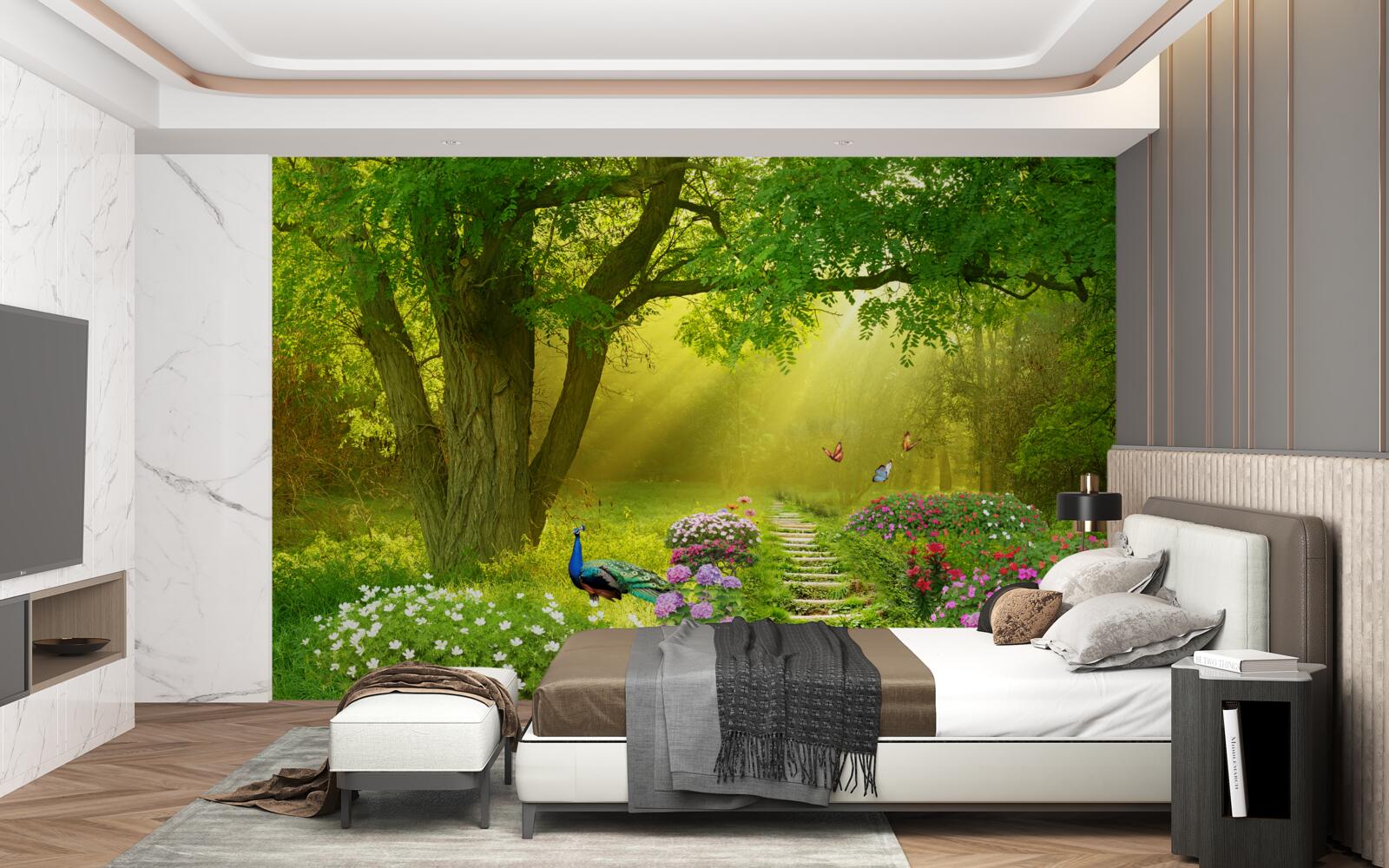 Фотошпалери сонячні промені зігрівають ліс, оповитий нічним туманом