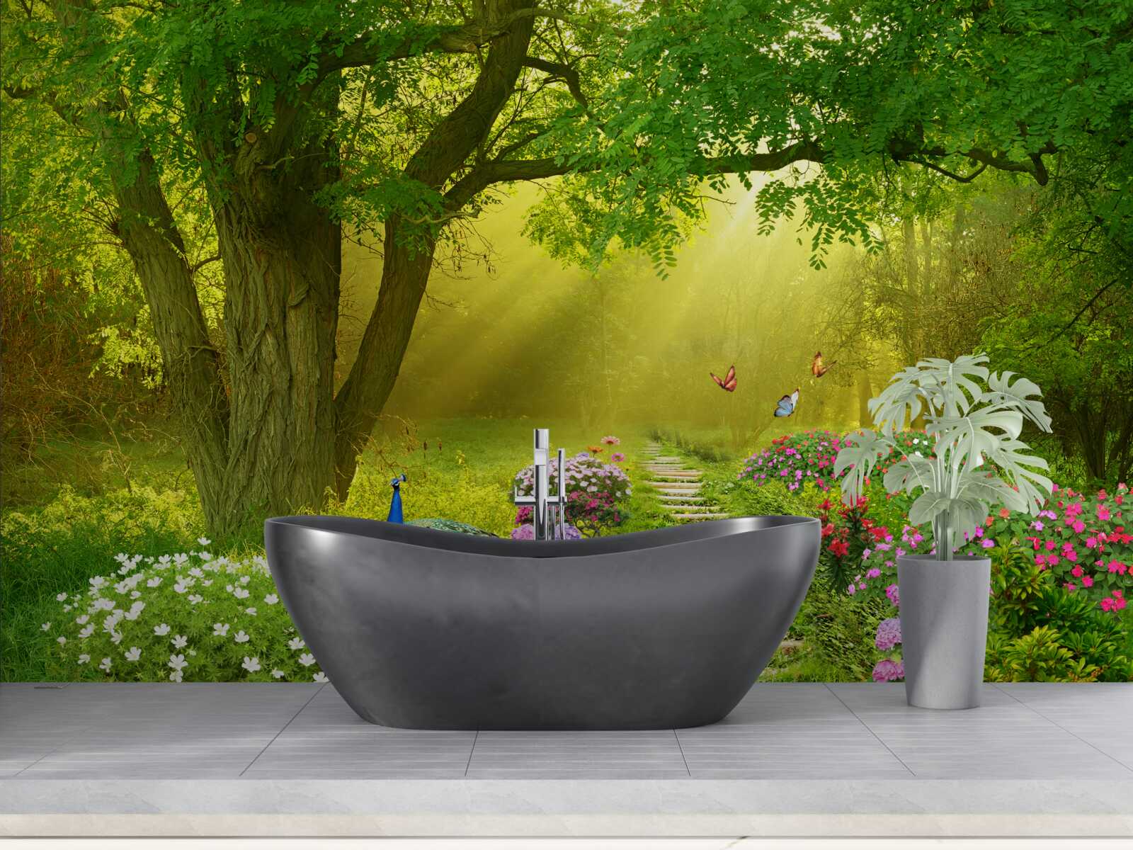 Фотошпалери сонячні промені зігрівають ліс, оповитий нічним туманом