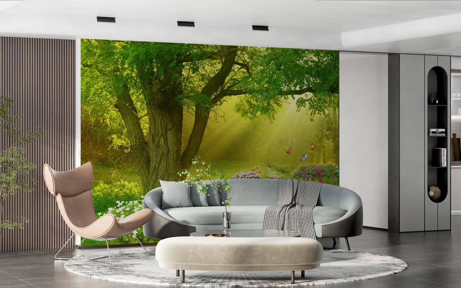 Фотошпалери сонячні промені зігрівають ліс, оповитий нічним туманом