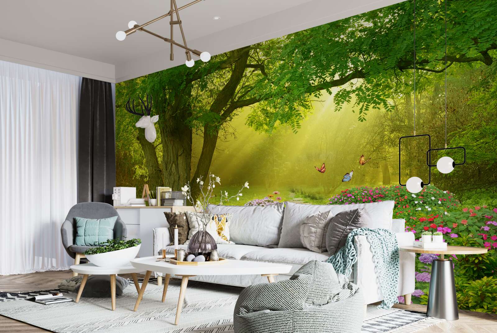 Фотошпалери сонячні промені зігрівають ліс, оповитий нічним туманом