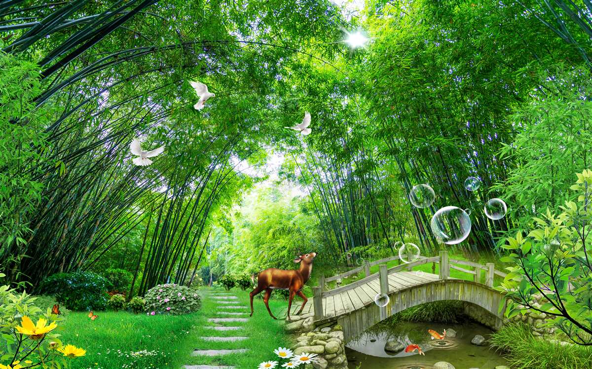 Фотошпалери у зелених хащах олень проходить дерев'яним переходом