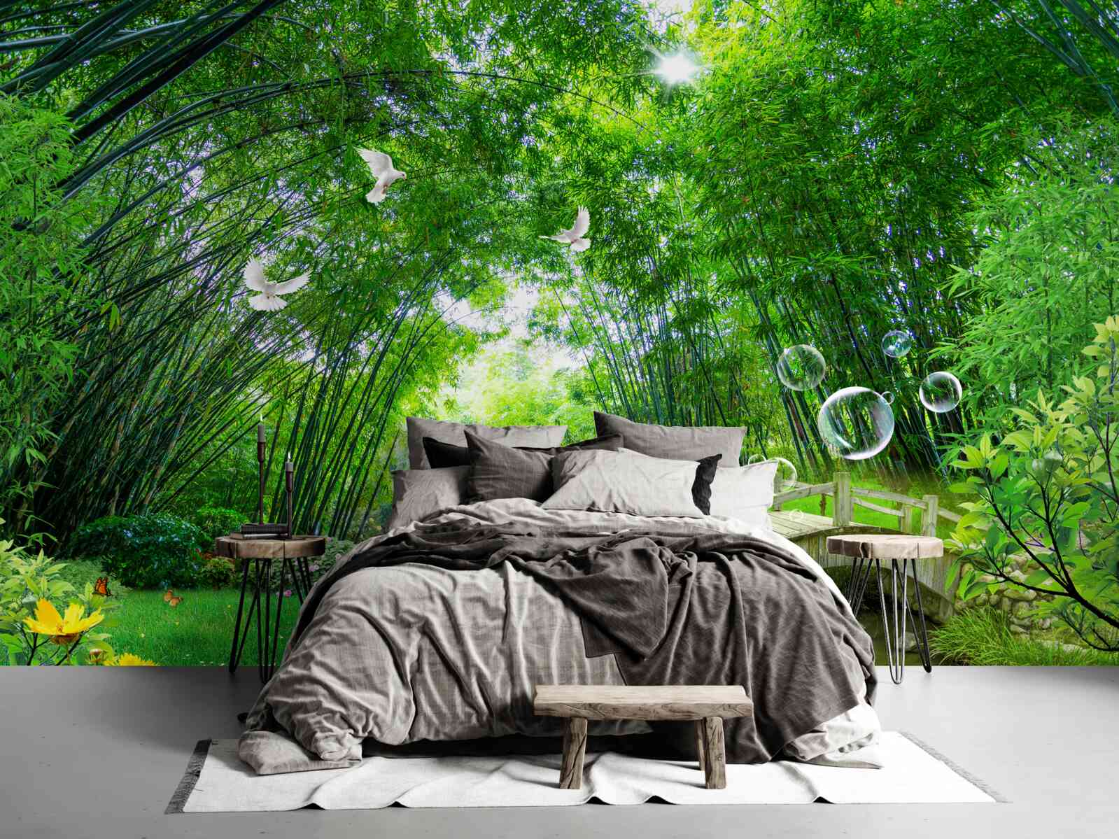 Фотошпалери у зелених хащах олень проходить дерев'яним переходом