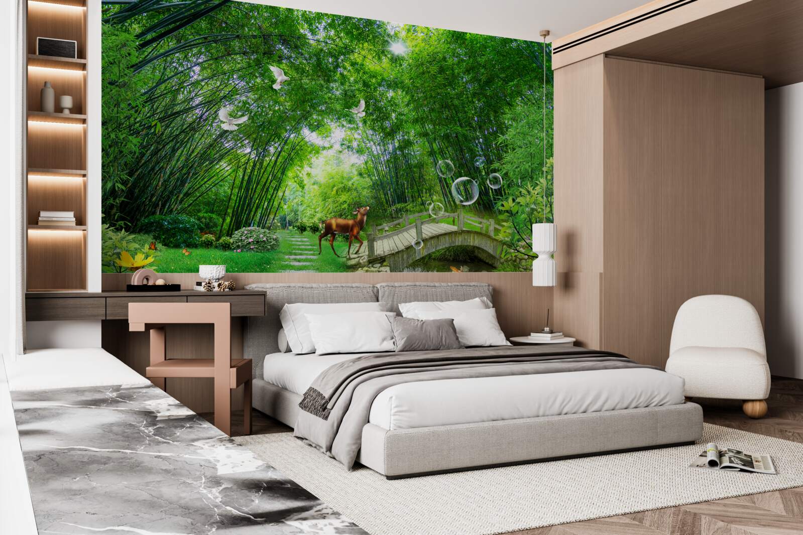 Фотошпалери у зелених хащах олень проходить дерев'яним переходом