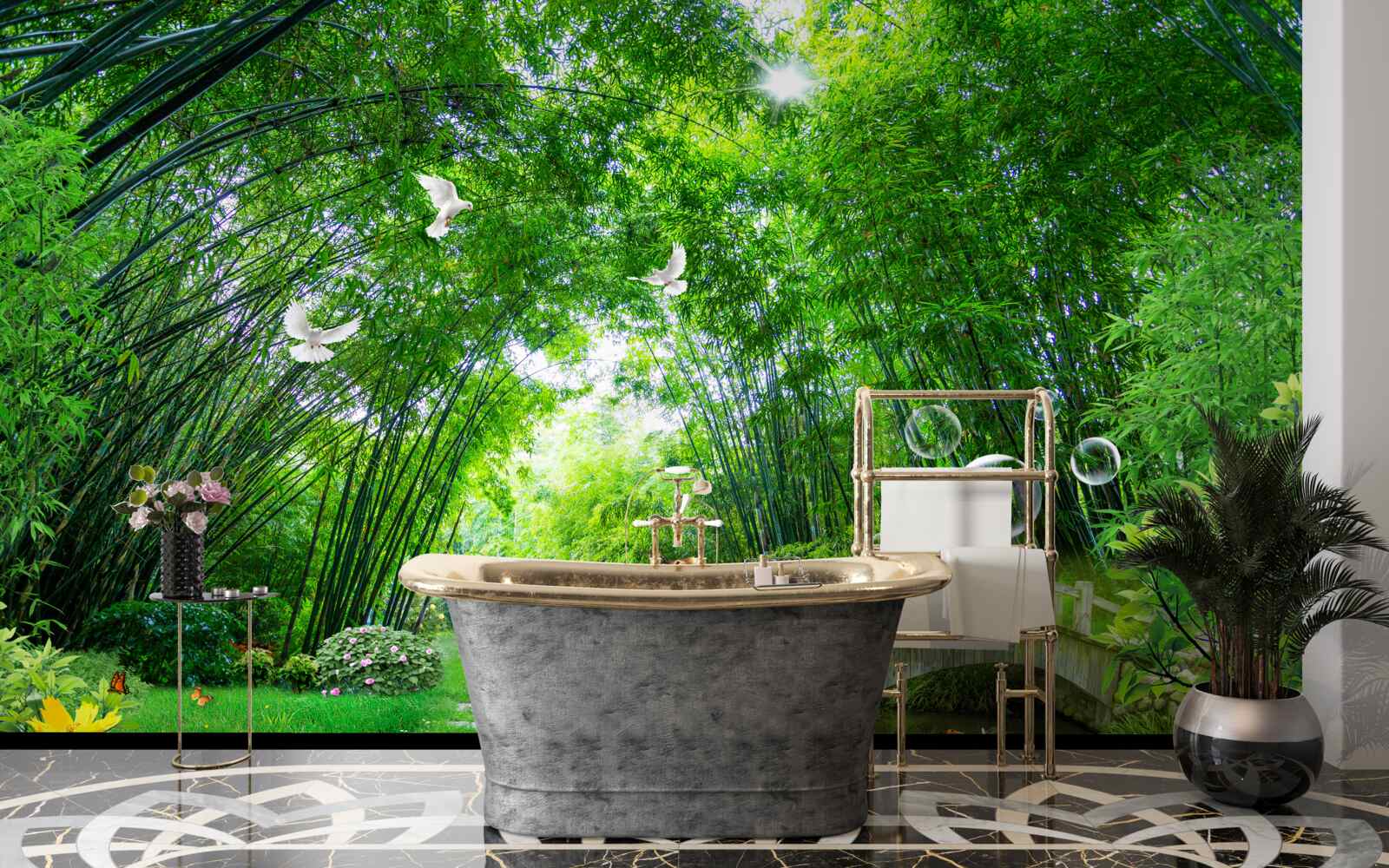 Фотошпалери у зелених хащах олень проходить дерев'яним переходом