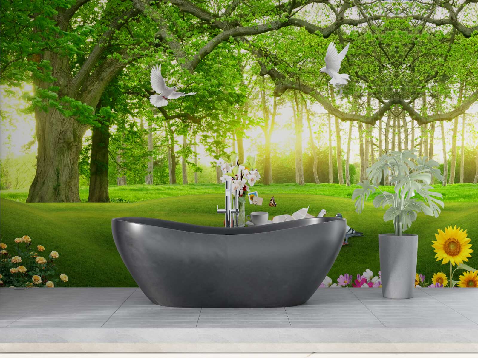 Фотошпалери тиха зелена галявина на світанку