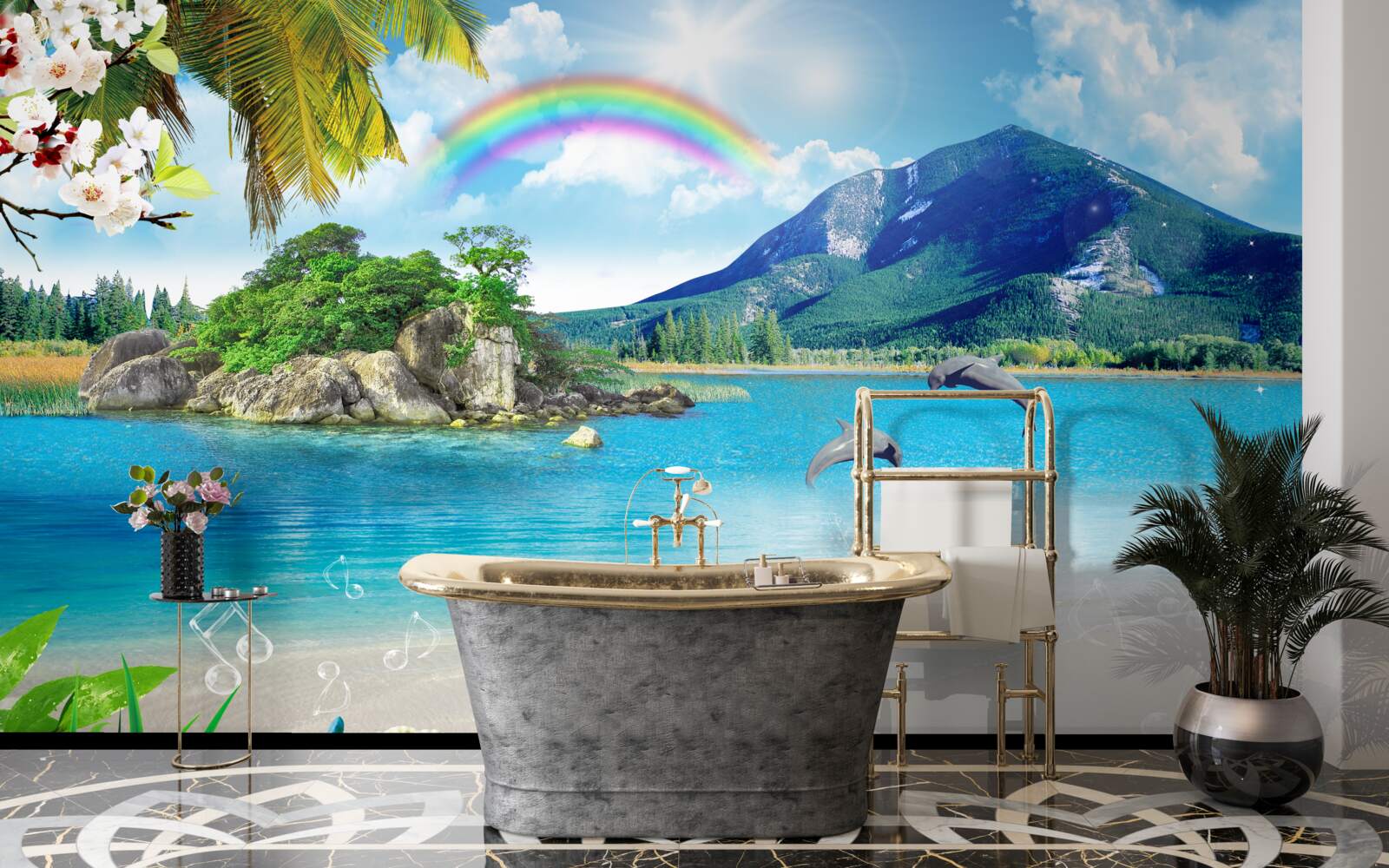 Фотошпалери на березі моря сяє веселка