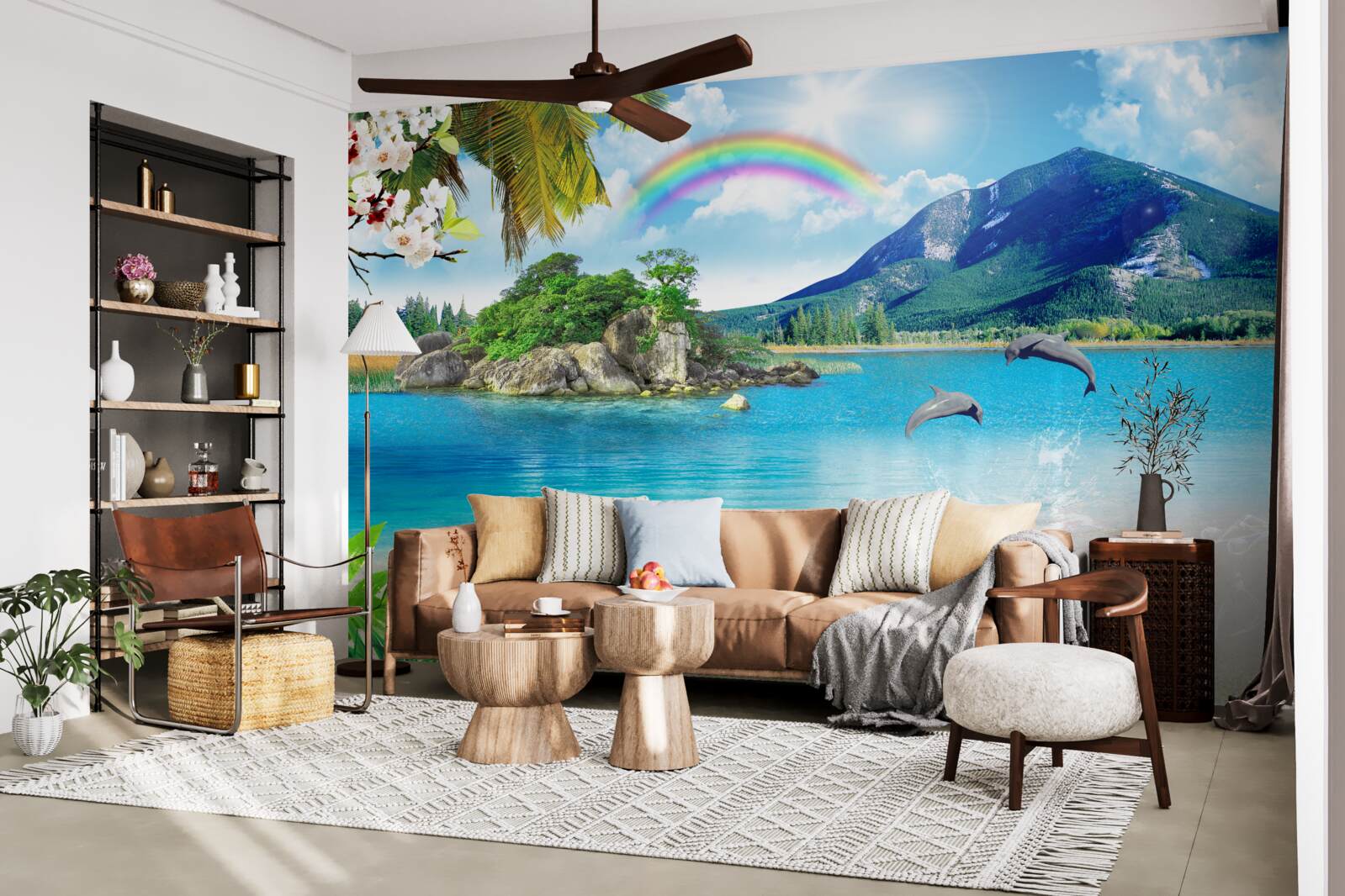 Фотошпалери на березі моря сяє веселка