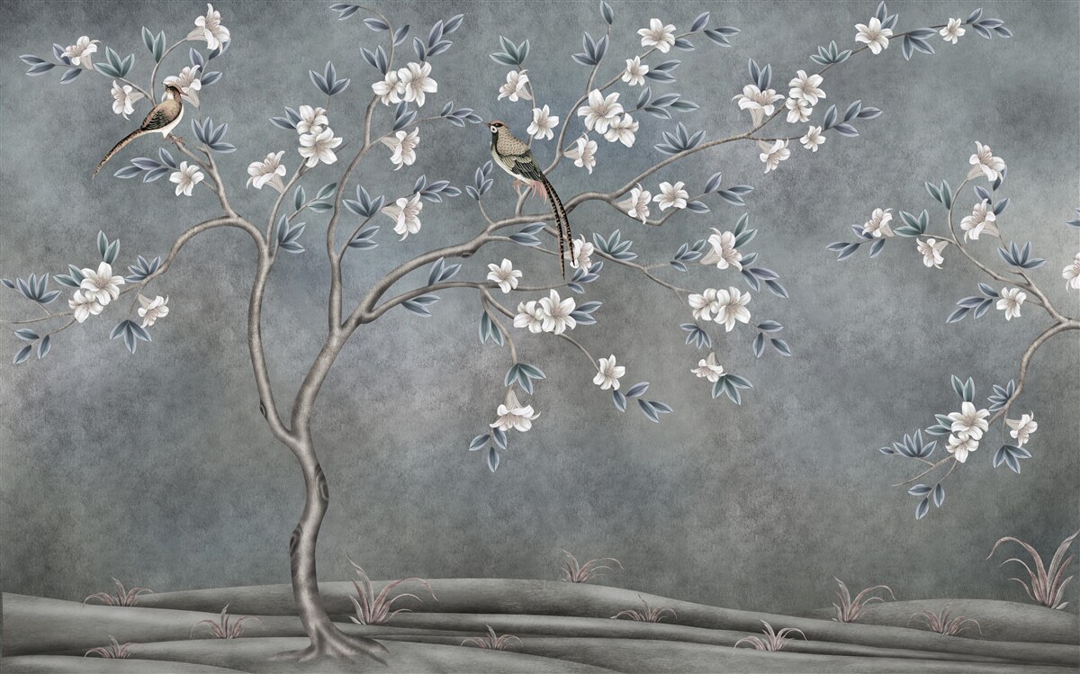 Фотошпалери дерева з білими квітами прикрашають птахи