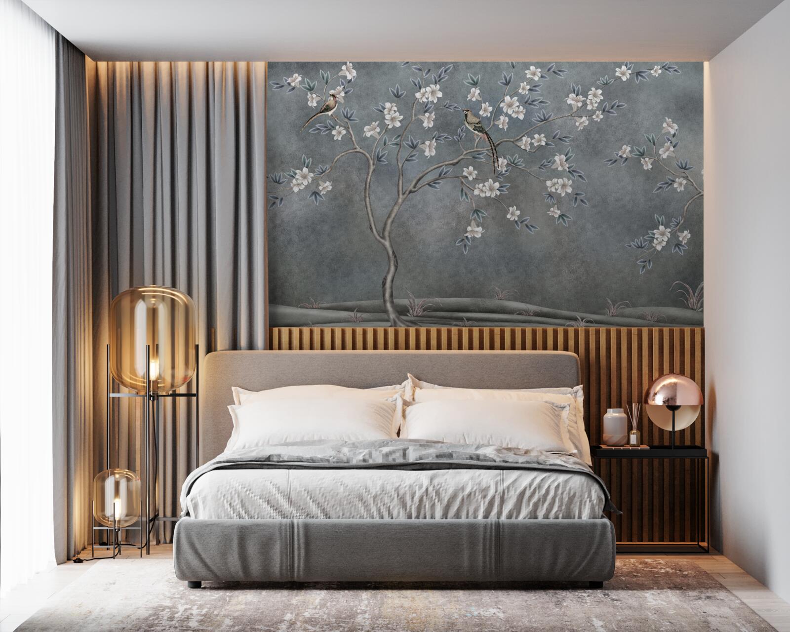 Фотошпалери дерева з білими квітами прикрашають птахи