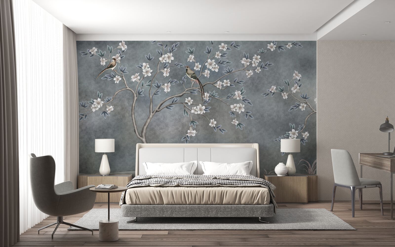 Фотошпалери дерева з білими квітами прикрашають птахи