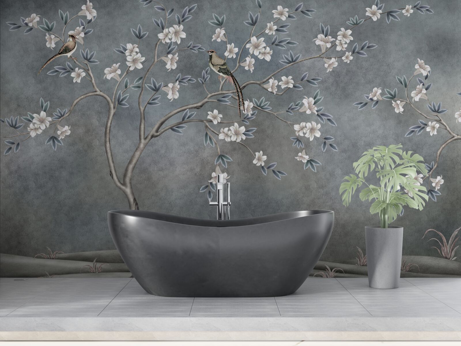 Фотошпалери дерева з білими квітами прикрашають птахи