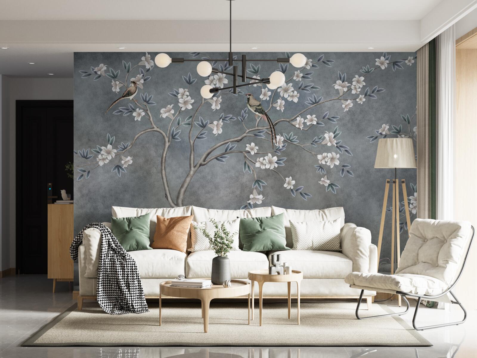 Фотошпалери дерева з білими квітами прикрашають птахи