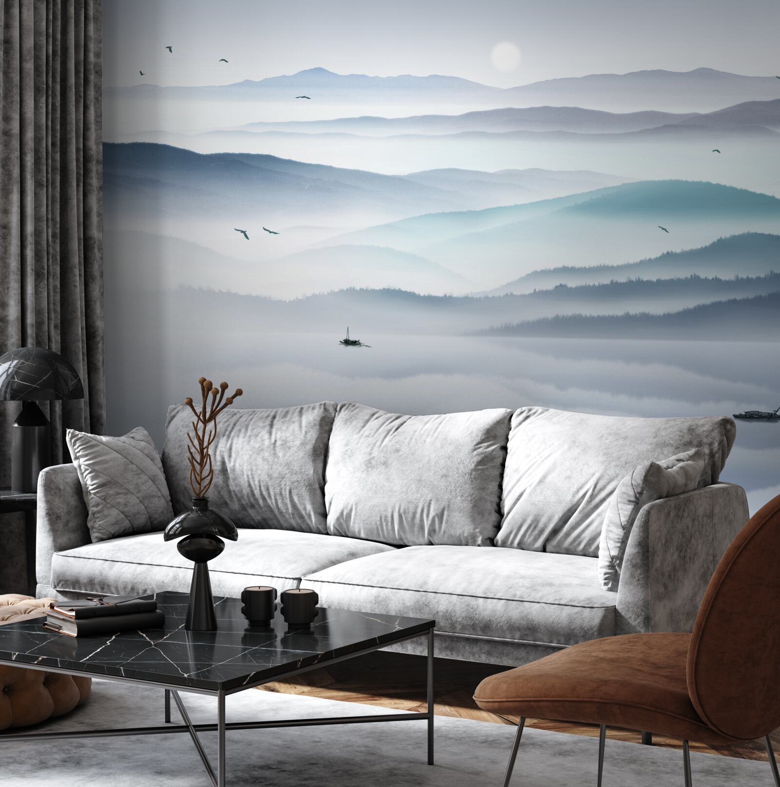 Фотошпалери насувається туман, вкриваючи гірську річку густою пеленою