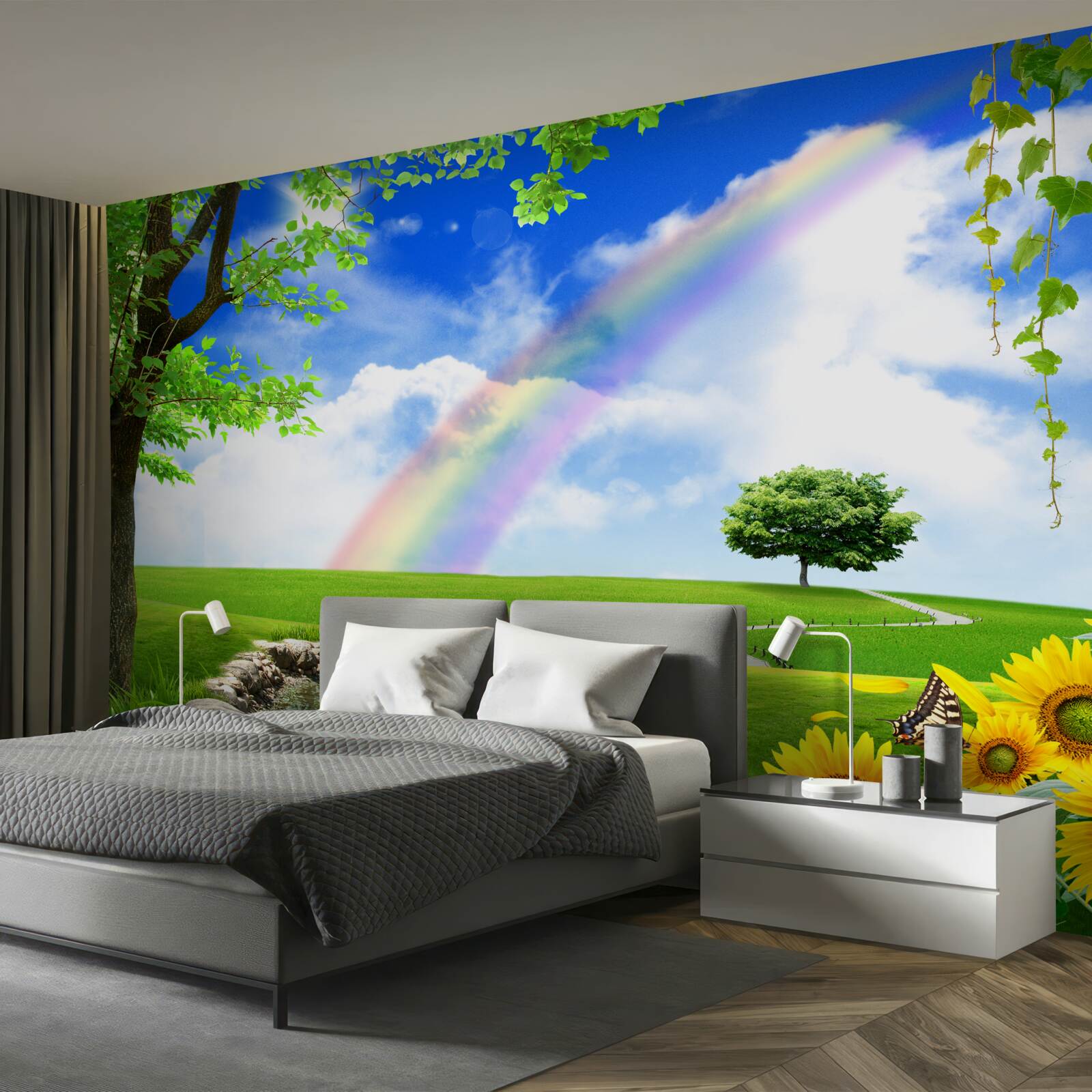 Фотошпалери кольорове сяйво над зеленою галявиною