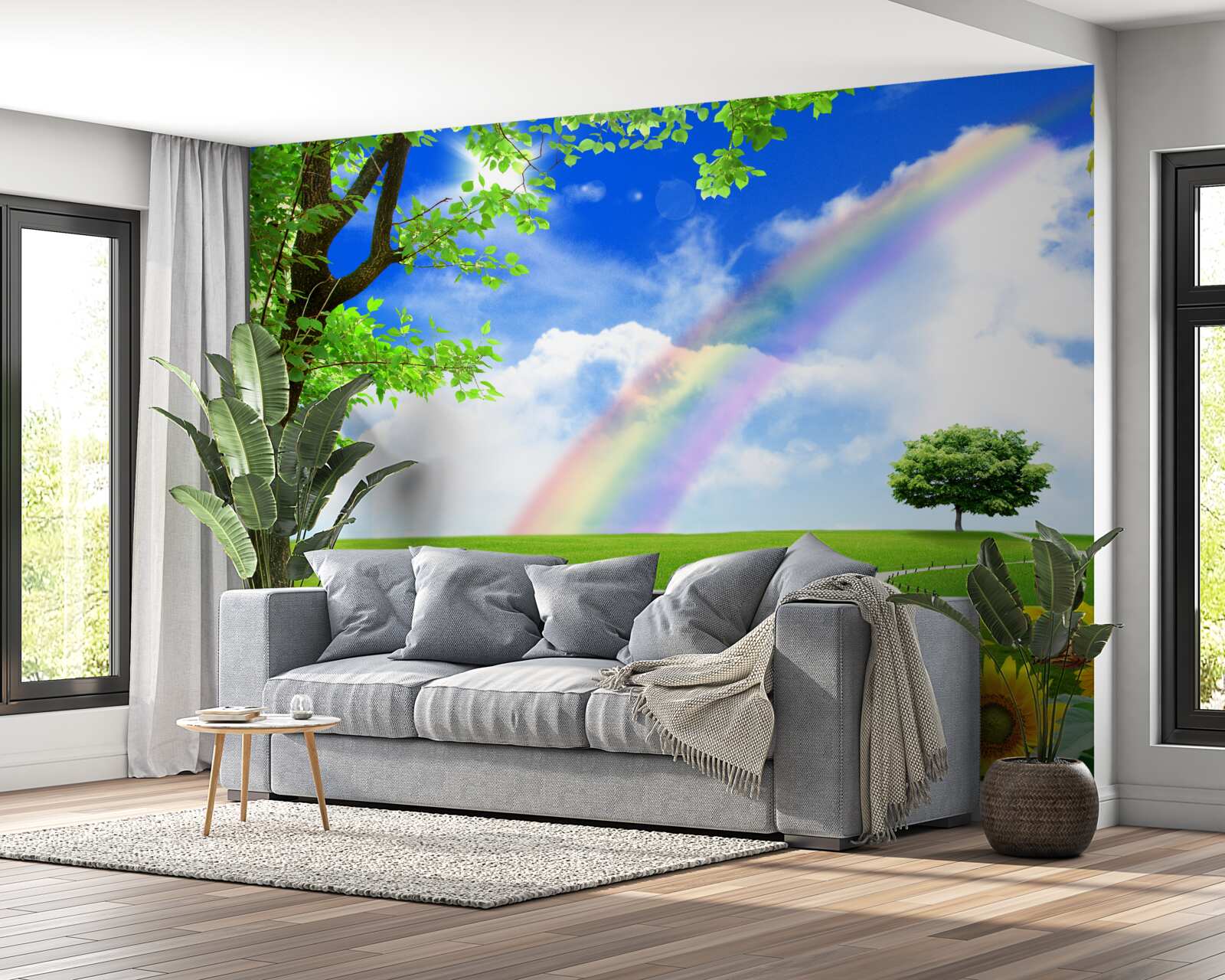 Фотошпалери кольорове сяйво над зеленою галявиною