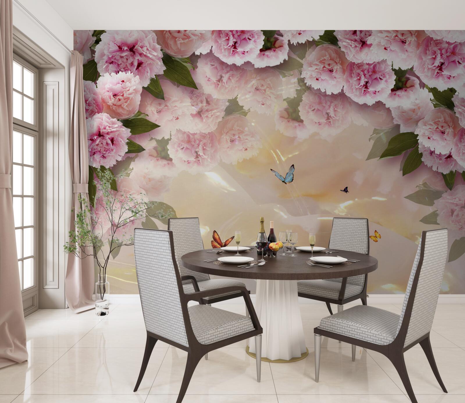 Фотошпалери ніжні папілони та рожеві квіти