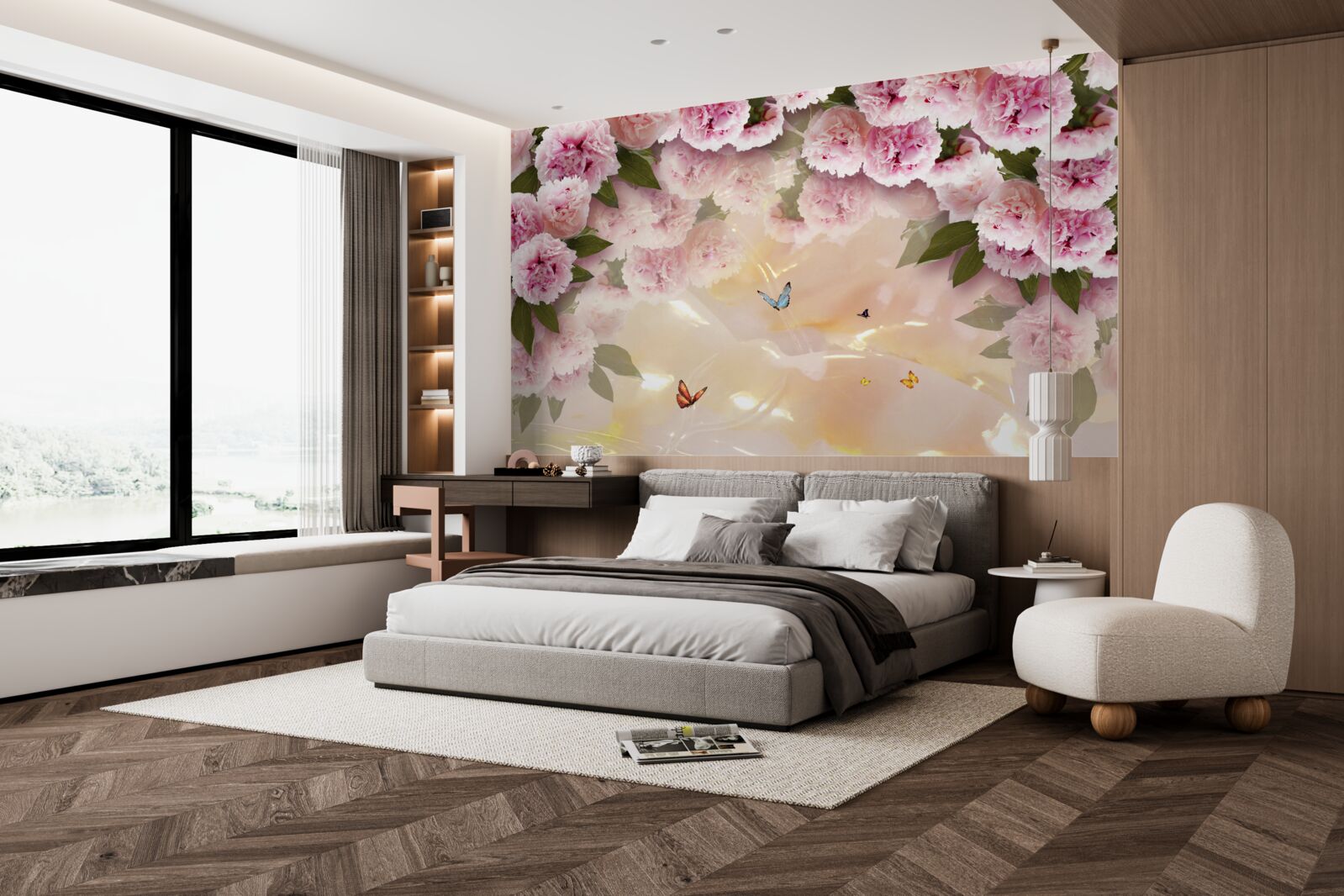 Фотошпалери ніжні папілони та рожеві квіти