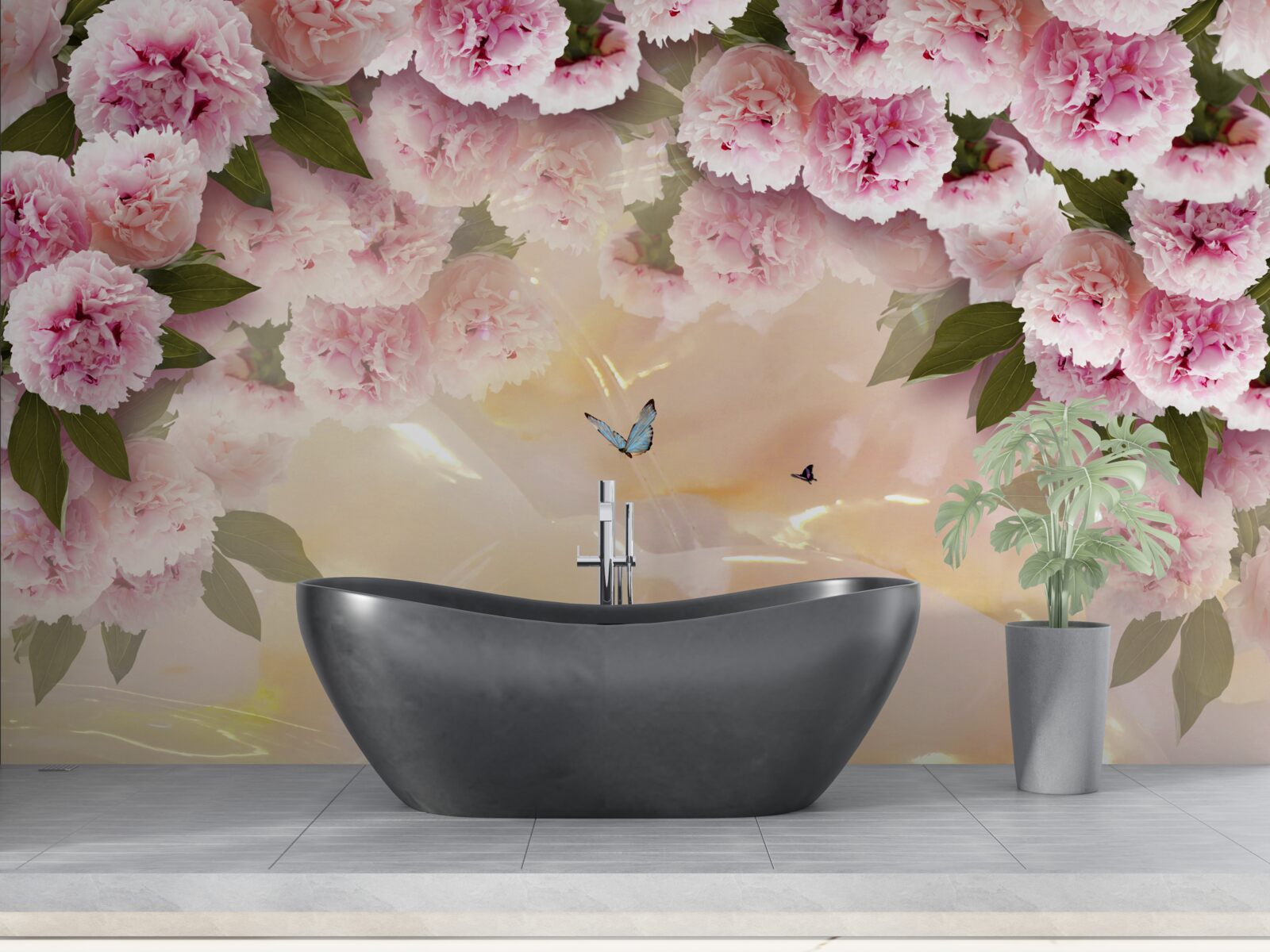 Фотошпалери ніжні папілони та рожеві квіти
