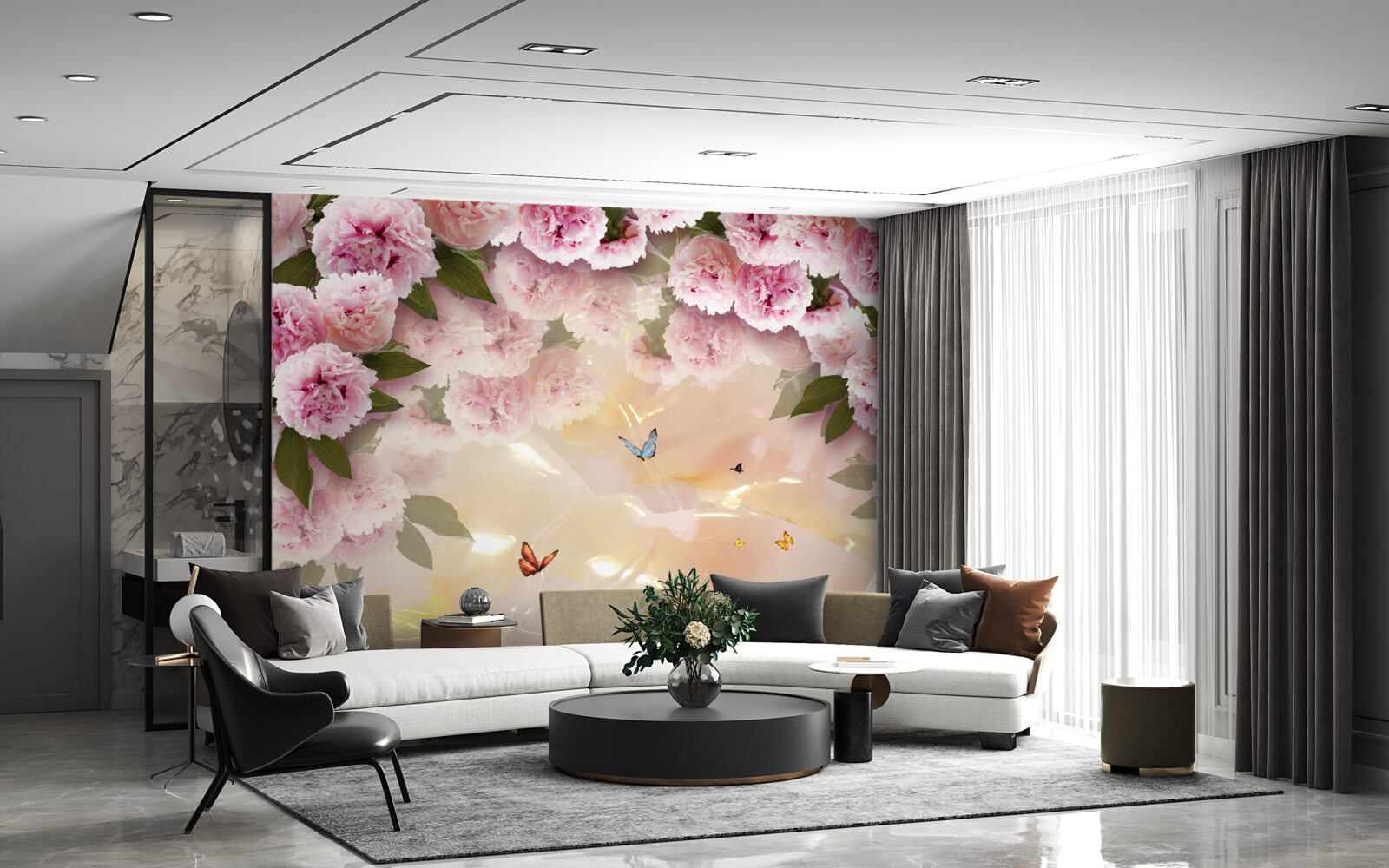 Фотошпалери ніжні папілони та рожеві квіти