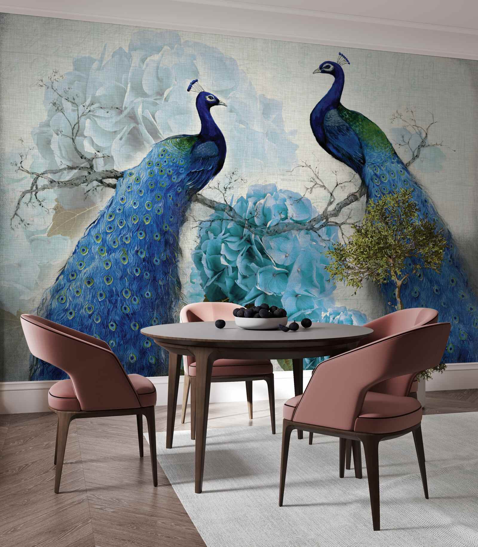 Фотошпалери павичі з блакитним пір'ям на квітах того ж відтінку