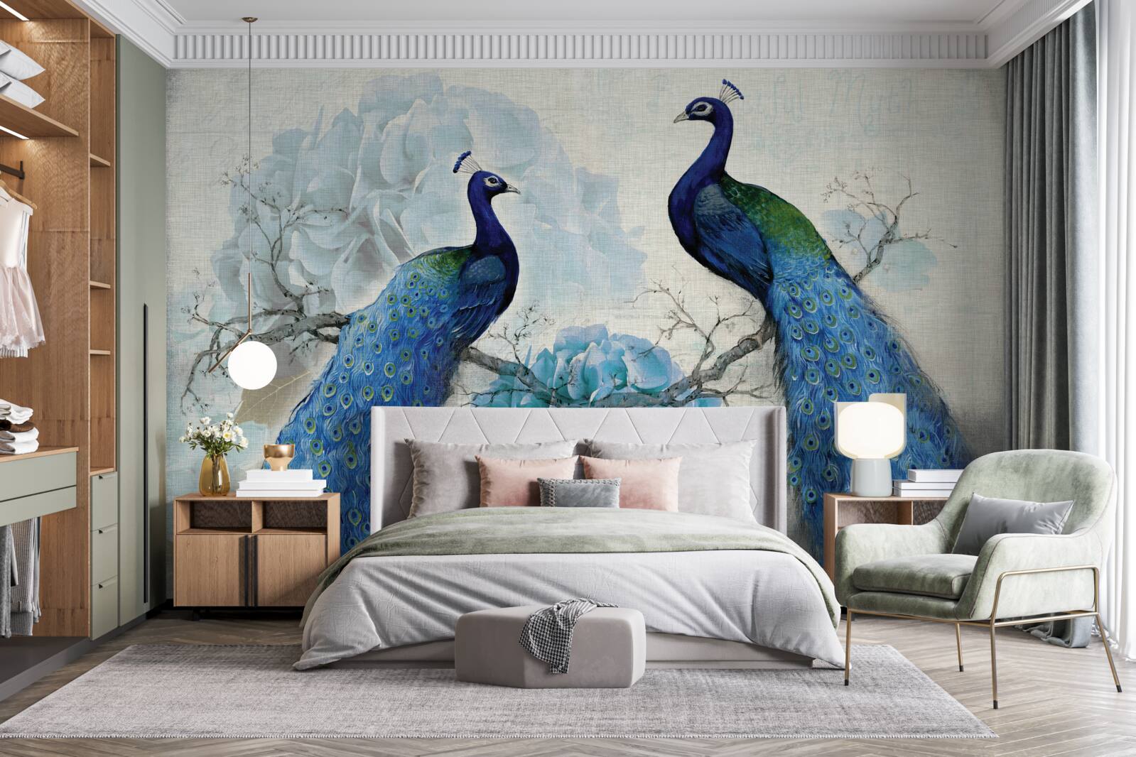 Фотошпалери павичі з блакитним пір'ям на квітах того ж відтінку