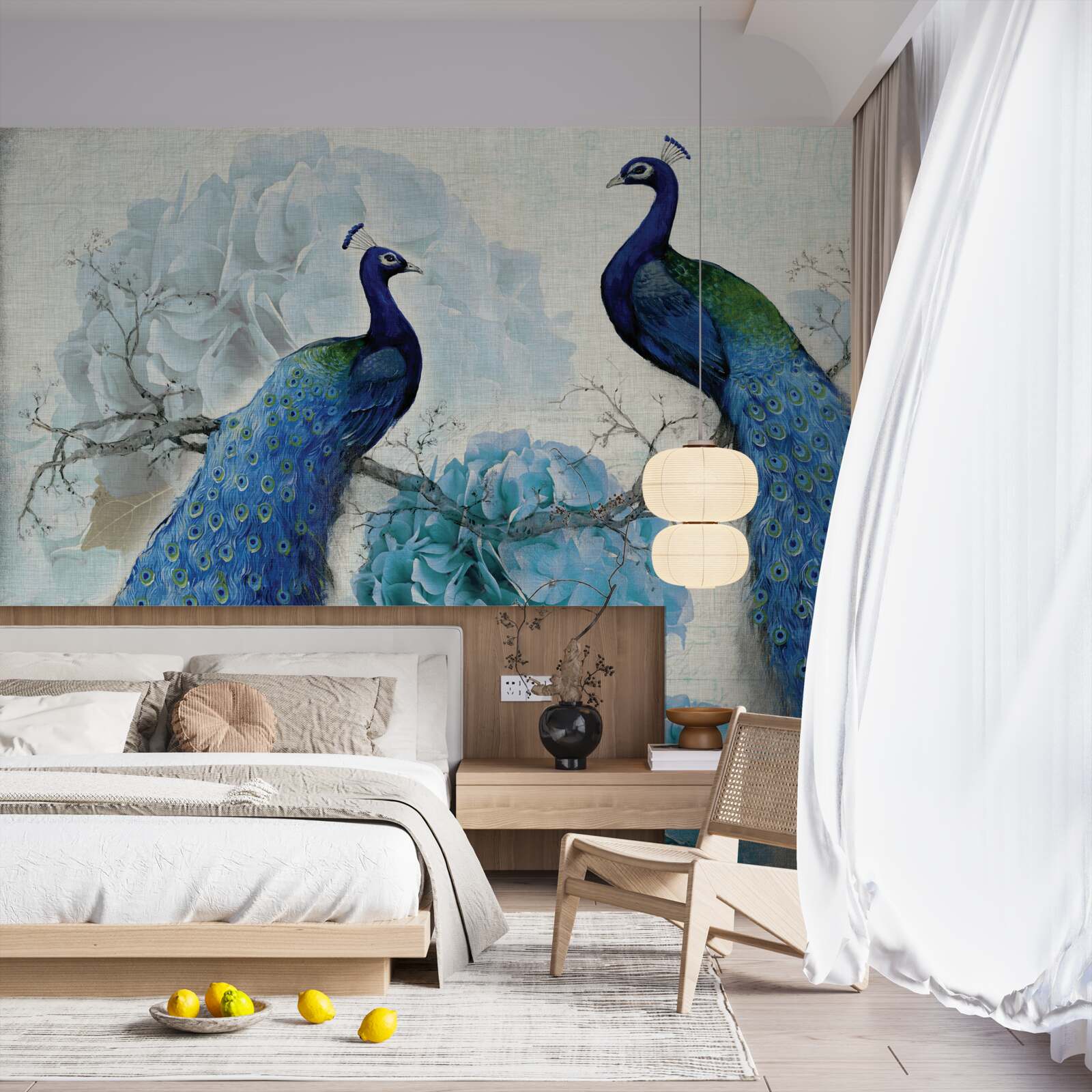 Фотошпалери павичі з блакитним пір'ям на квітах того ж відтінку