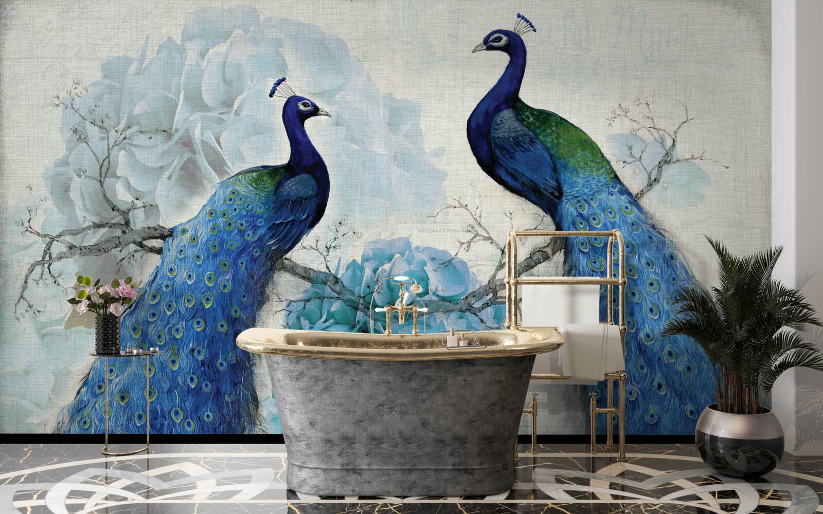 Фотошпалери павичі з блакитним пір'ям на квітах того ж відтінку