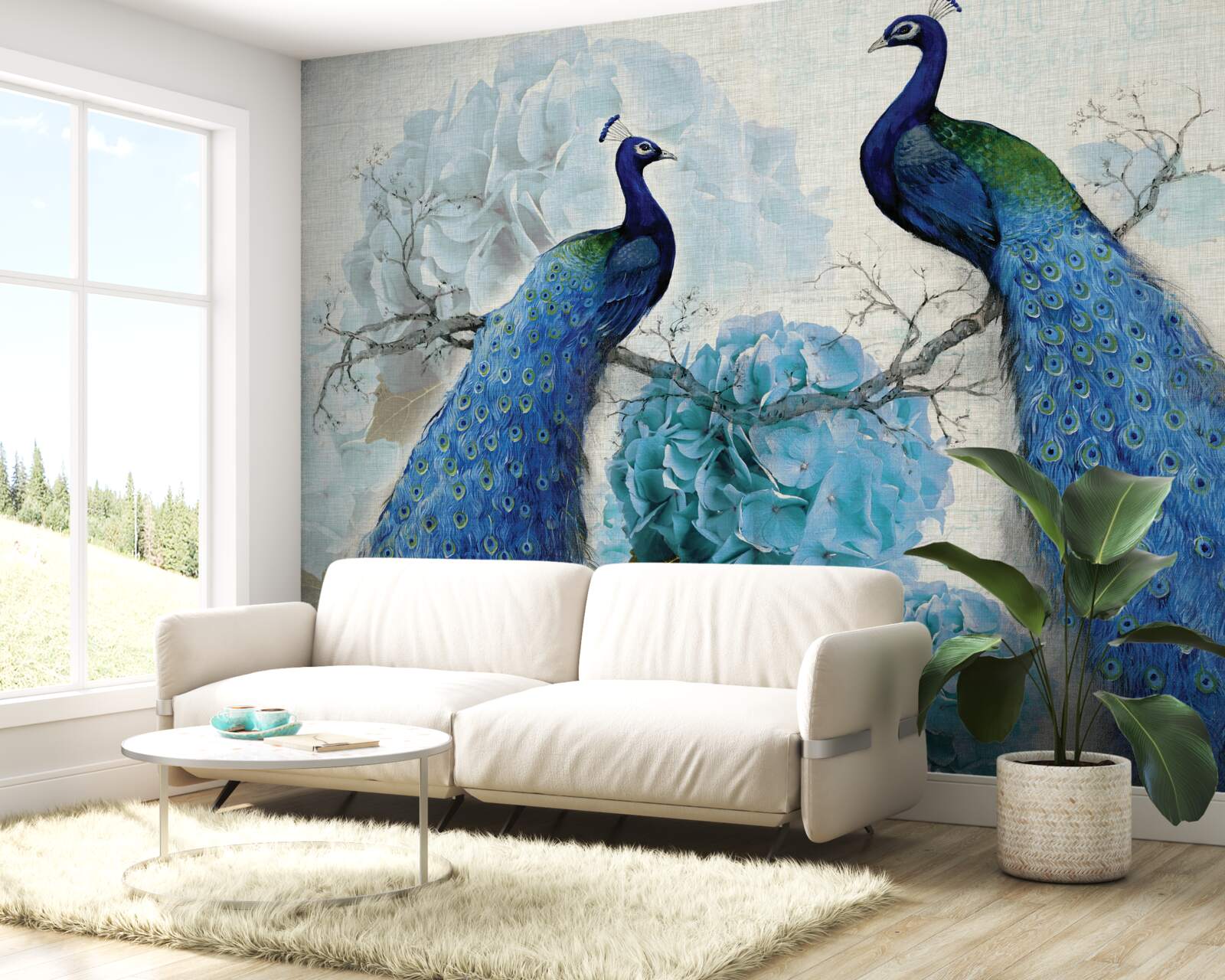 Фотошпалери павичі з блакитним пір'ям на квітах того ж відтінку