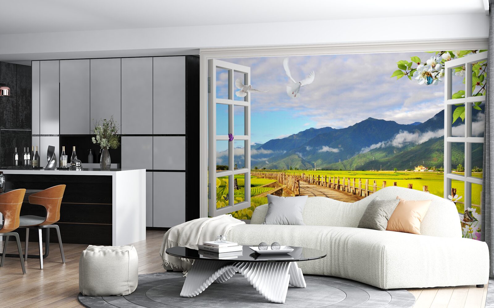 Фотошпалери вид з вікна на гірську панораму