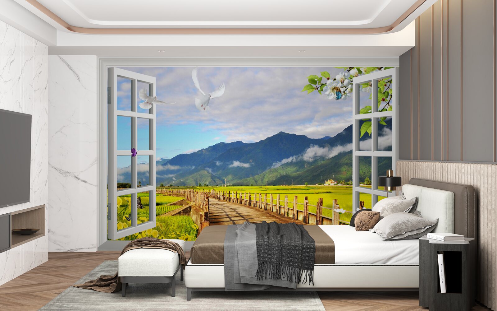 Фотошпалери вид з вікна на гірську панораму