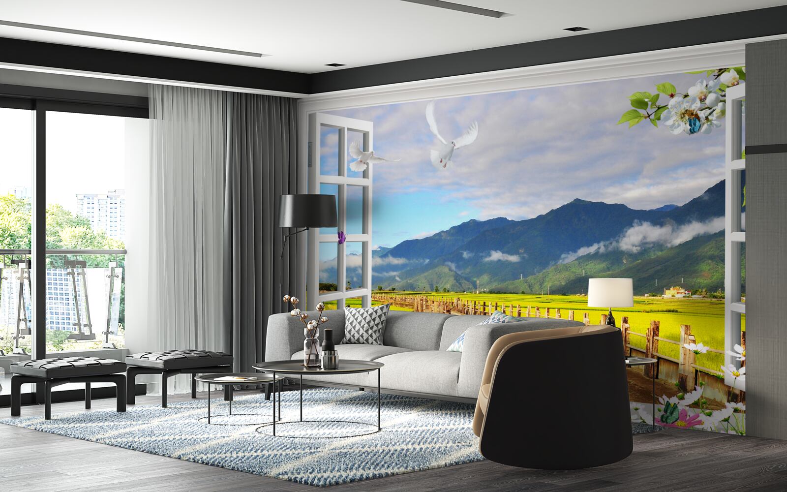 Фотошпалери вид з вікна на гірську панораму