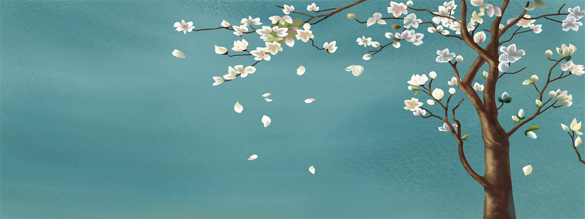 Фотошпалери бірюзовий фон, прикрашений квітучим деревом