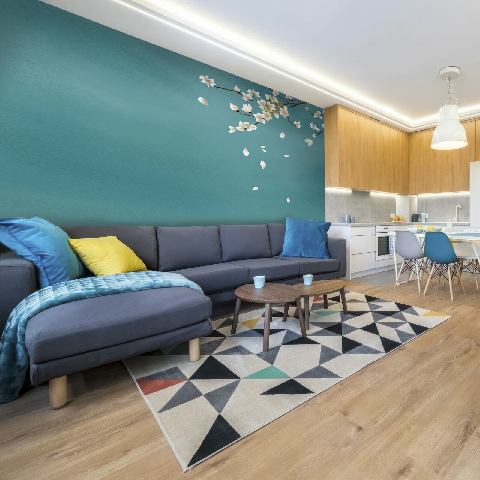 Фотошпалери бірюзовий фон, прикрашений квітучим деревом