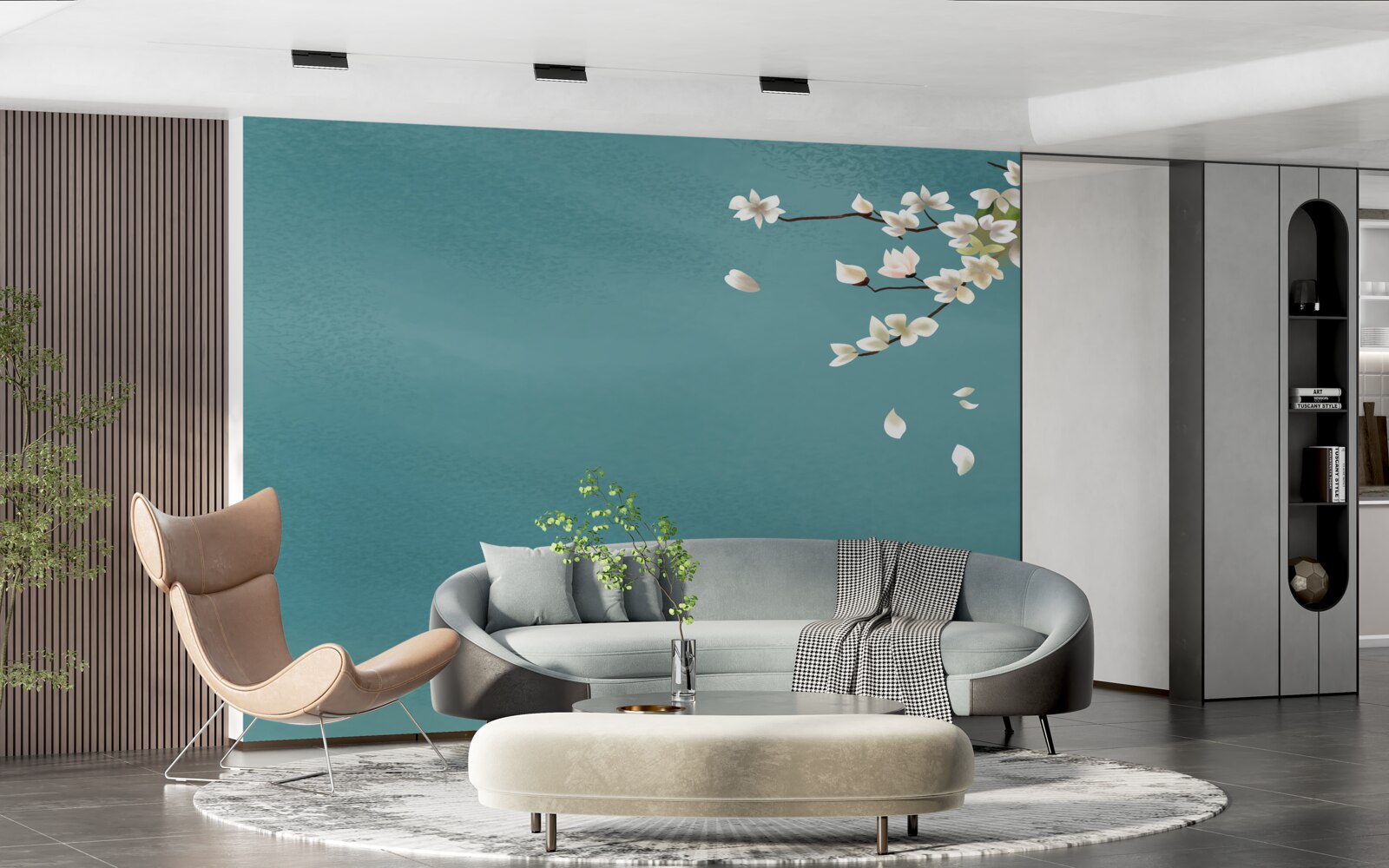 Фотошпалери бірюзовий фон, прикрашений квітучим деревом