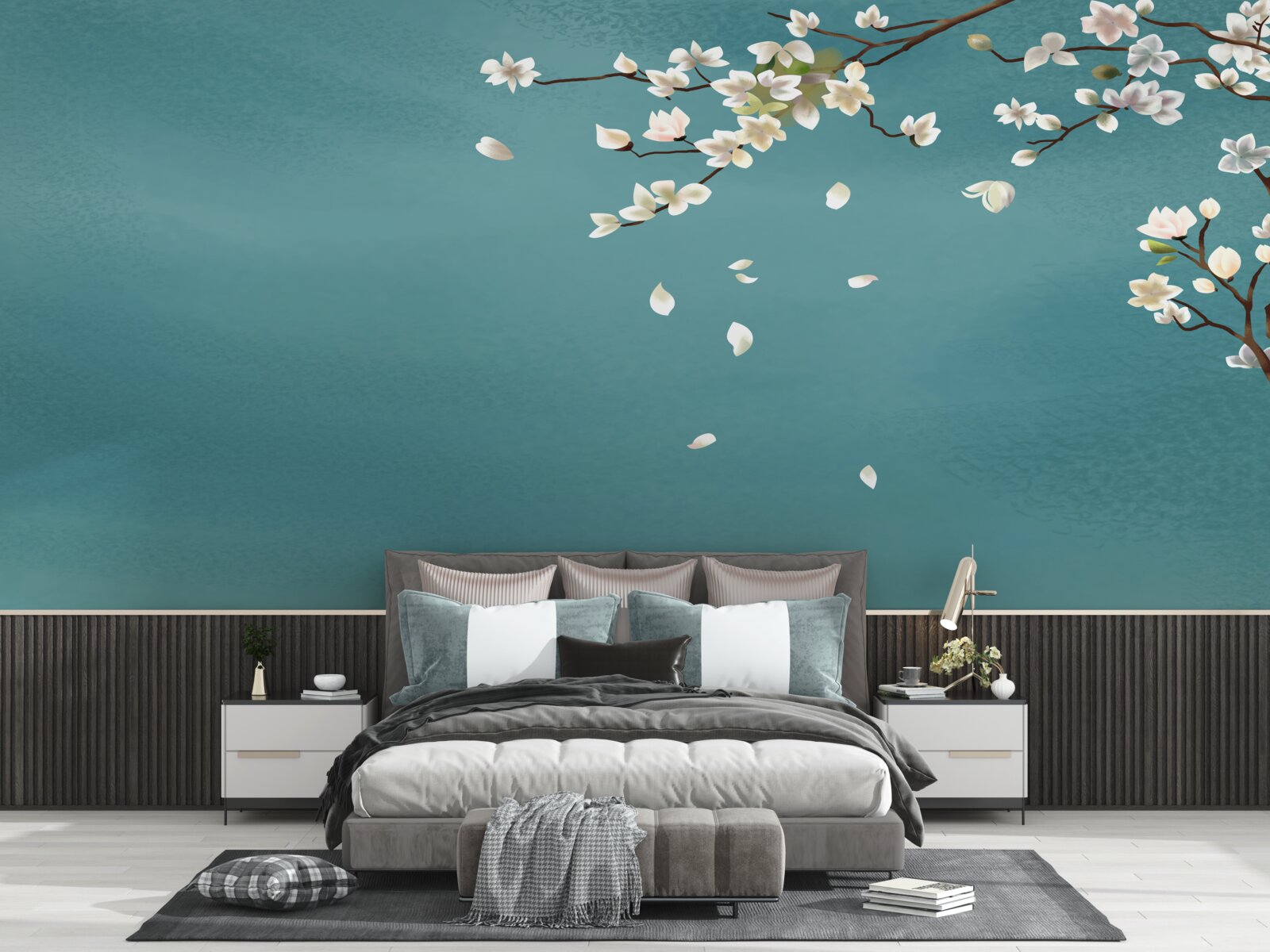 Фотошпалери бірюзовий фон, прикрашений квітучим деревом