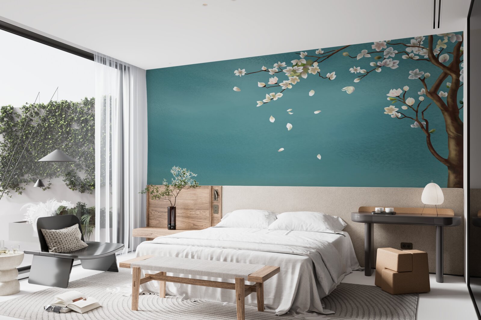 Фотошпалери бірюзовий фон, прикрашений квітучим деревом