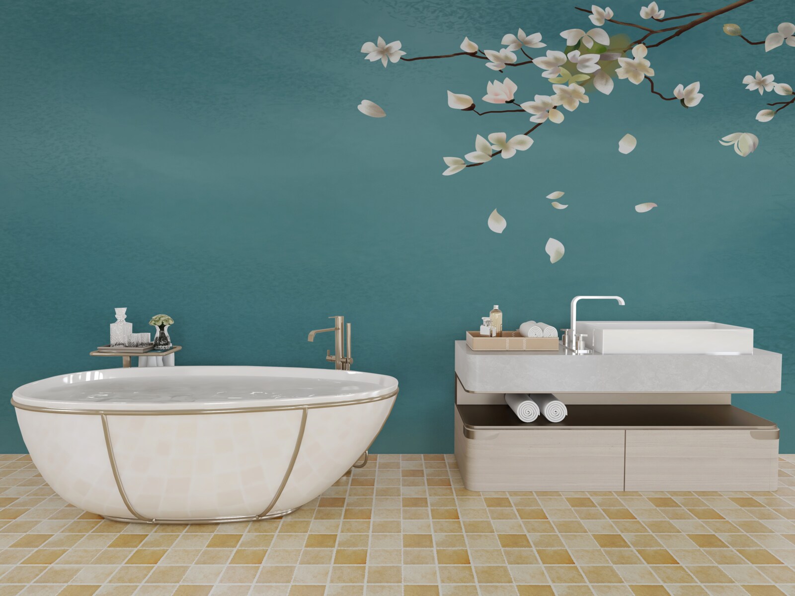 Фотошпалери бірюзовий фон, прикрашений квітучим деревом