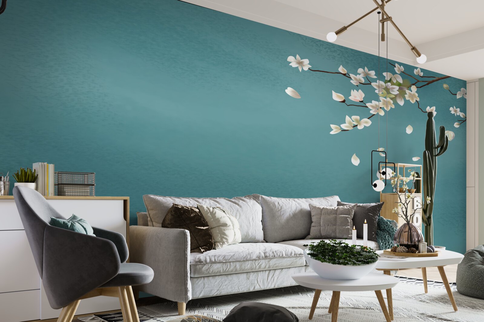 Фотошпалери бірюзовий фон, прикрашений квітучим деревом